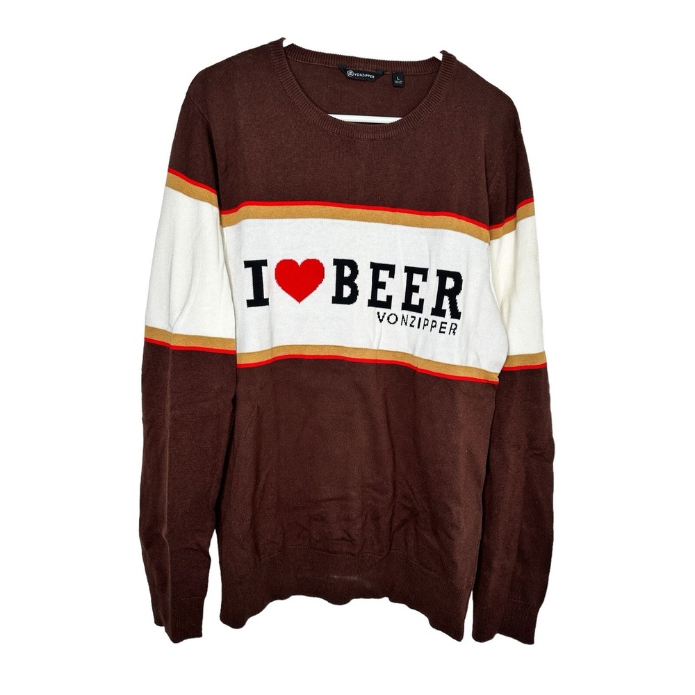 VonZipper I Heart Beer Sweater Large Brown Colorblock Graphic Knit Skate Mens